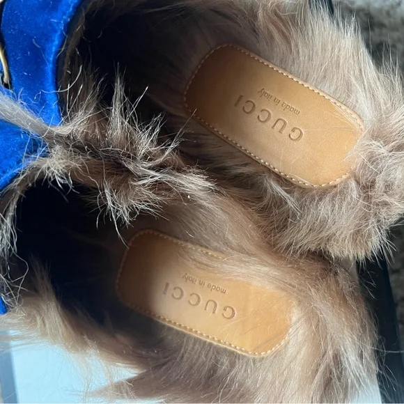 New GUCCI Princetown Fur velvet Cobalt Blue Slippers mules flats - Picture 9 of 10